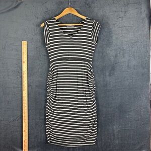 Loveappella Black and White stripped Ruched Maternity Midi Dress Sz Medium
